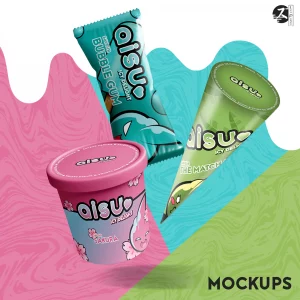 Mockup du logo et du branding de Aisu - Icy Delight. Application des différentes variantes de couleurs du logo sur divers types de glaces : bâtonnet saveur bubble gum, cornet saveur thé matcha, et pot saveur sakura. Identité visuelle très colorée. Réalisé par Léa Penet, graphiste à Arras. Créé pour l'univers de HEBI DOKU