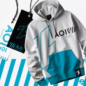 Mockup sur étiquette et sweat du logo de AOI 401. Réalisé par Léa Penet, graphiste à Arras. Créé pour l'univers de HEBI DOKU.