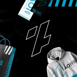 Logo réduit de AOI 401 en contour blanc sur fond de papier noir froissé. Mockup sur étiquette et sweat du logo de AOI 401. Réalisé par Léa Penet, graphiste à Arras. Créé pour l'univers de HEBI DOKU.