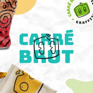 Mockup du logo et branding de CARRE BRUT. Réalisé par Léa Penet, graphiste à Arras. Créé pour l'univers de HEBI DOKU.